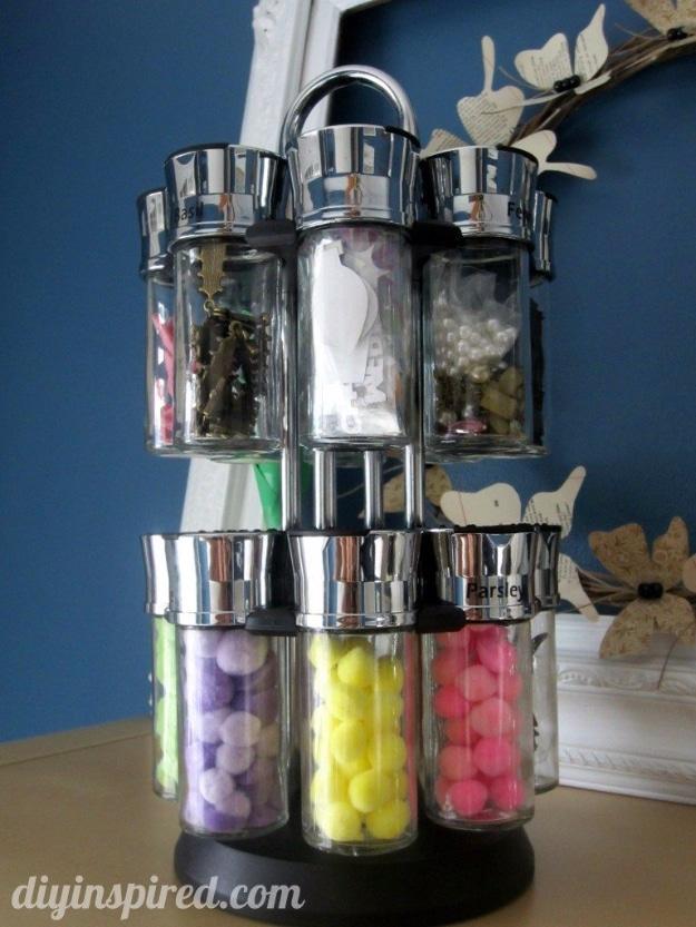 Use Rotating Spice Rack To Contain Small Supplies, simple enough for anyone to do and a trick that actually works