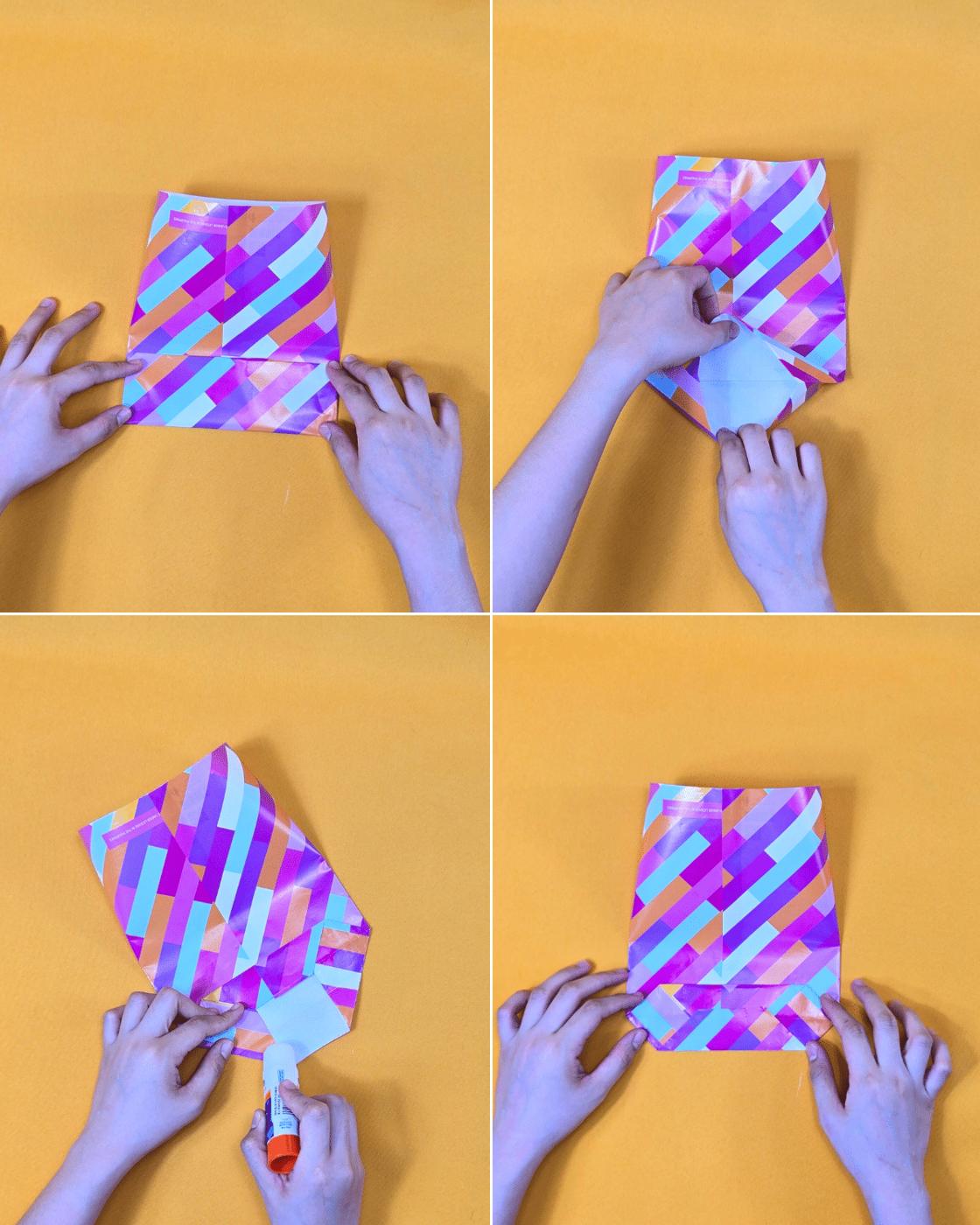 Gift Wrap Ideas - closing the glued base flap of a diagonal stripe paper gift bag