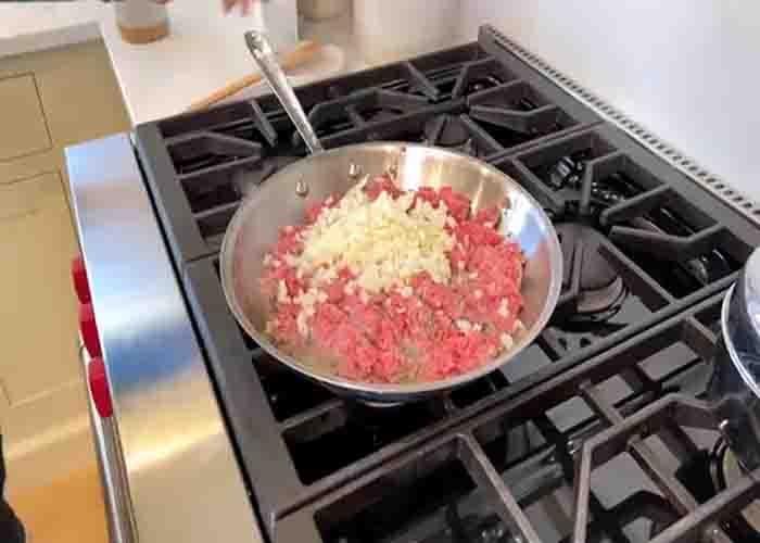 Browning the ground beef for the taco squares casserole