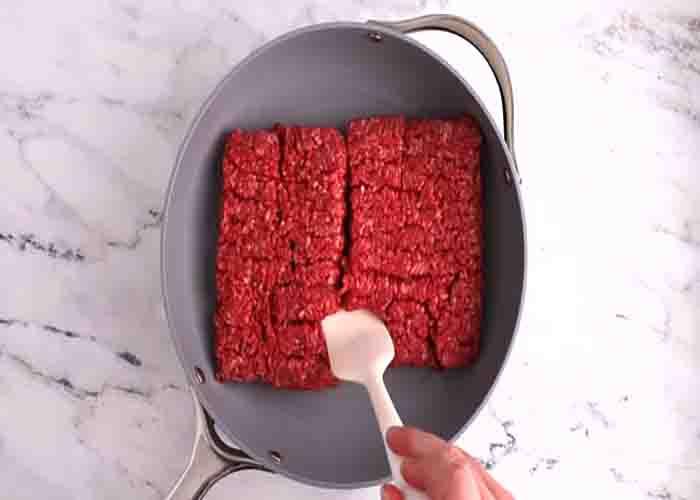 Browning the ground beef for the Mexican bubble up casserole