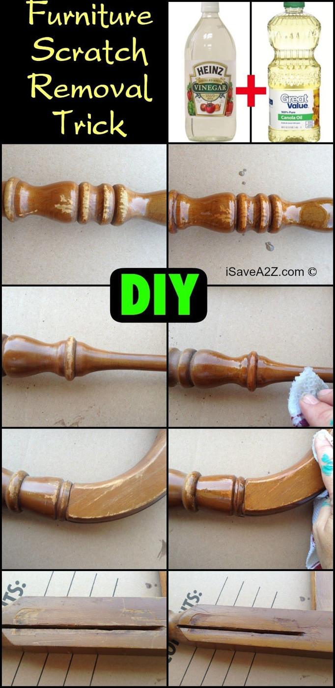 DIY furniture scratch removal collage with a vinegar bottle, canola oil bottle and turned wooden table legs before and after