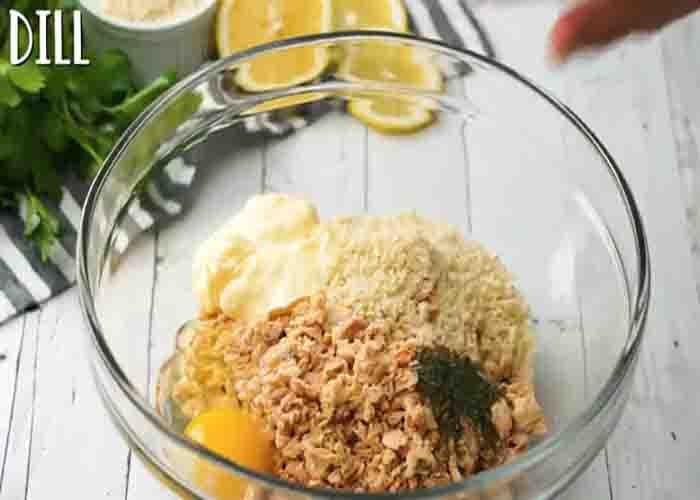 Combining the ingredients for the air fryer salmon patties