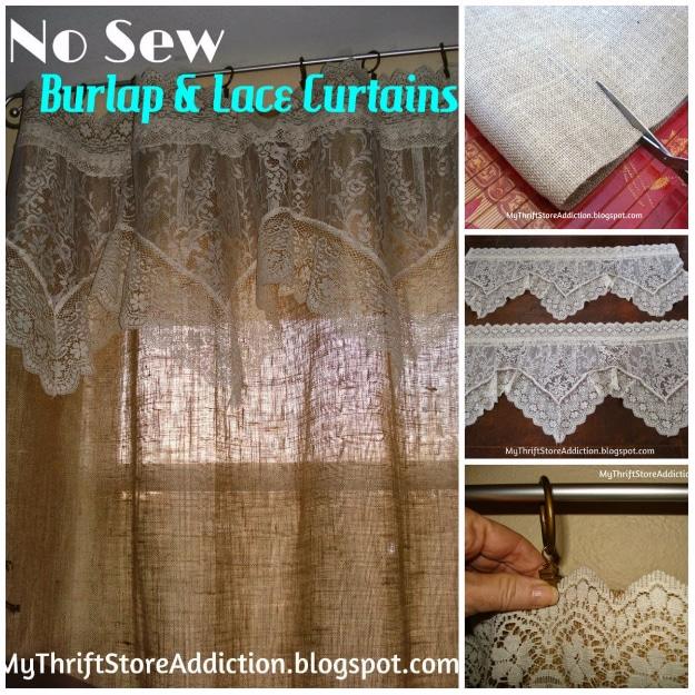 Pin collage of no sew burlap curtains topped with vintage lace, with close ups of the lace edge and a clip ring