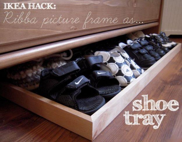 Ribba Picture Frame as Shoe Tray, cheap to pull off with dollar store finds and a detail guests always ask about