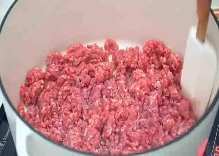 Browning the meat for the cabbage roll soup