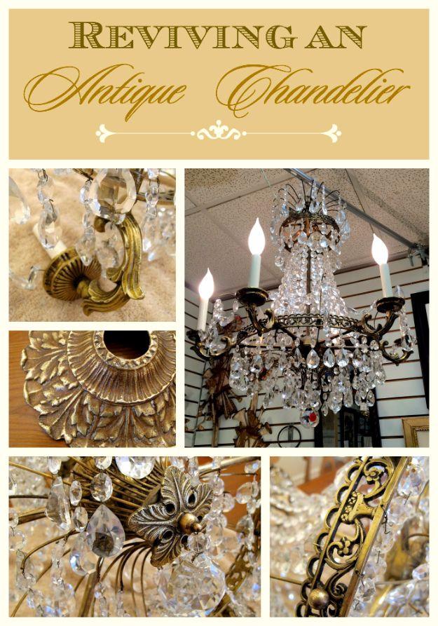 Antique brass chandelier revived with steel wool, shown as a grid of close ups of crystals, castings and a lit fixture