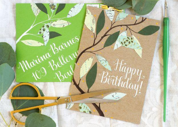 DIY birthday card idea: a leafy botanical card made by hand for a natural earthy birthday design for the whole family