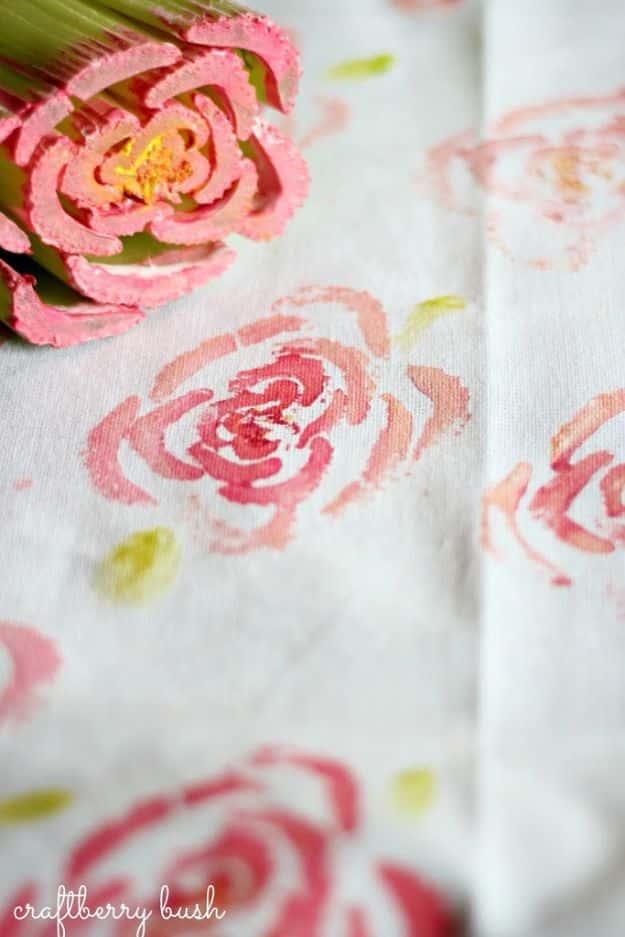Rose stamp craft, pink roses stamped onto a white cotton tea towel using the cut end of a celery bunch