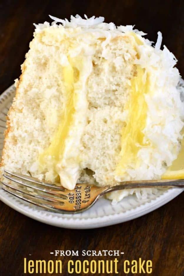 Slice of lemon coconut cake with two bright yellow curd layers over the words FROM SCRATCH lemon coconut cake