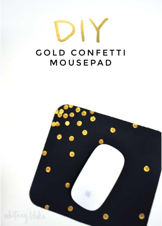 DIY office gift: a mouse pad filled with gold confetti for a sparkly upgrade to any plain desk setup