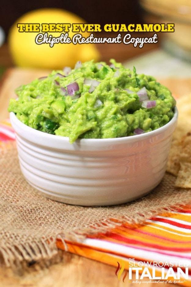 Chipotle copycat guacamole with mashed avocado, minced jalapeno, red onion, cilantro and fresh lime juice