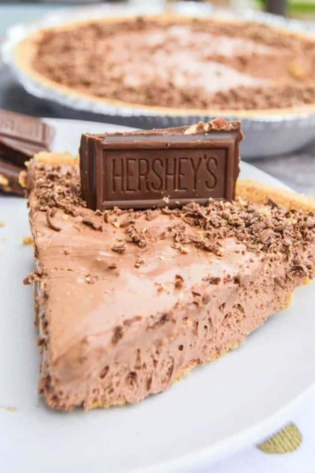 Three ingredient no bake Hershey pie in a graham cracker crust with a creamy chocolate filling, an easy no bake dessert