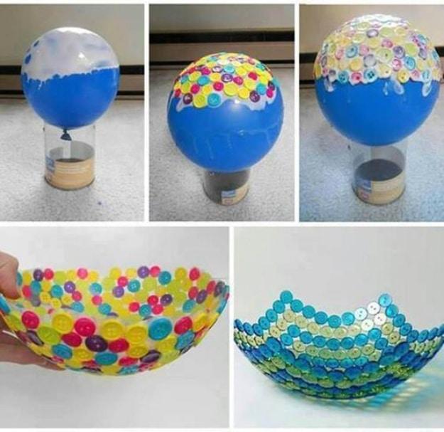 Wonderful DIY cute button bowl, a five panel collage showing a blue balloon being covered in buttons and two finished bowls