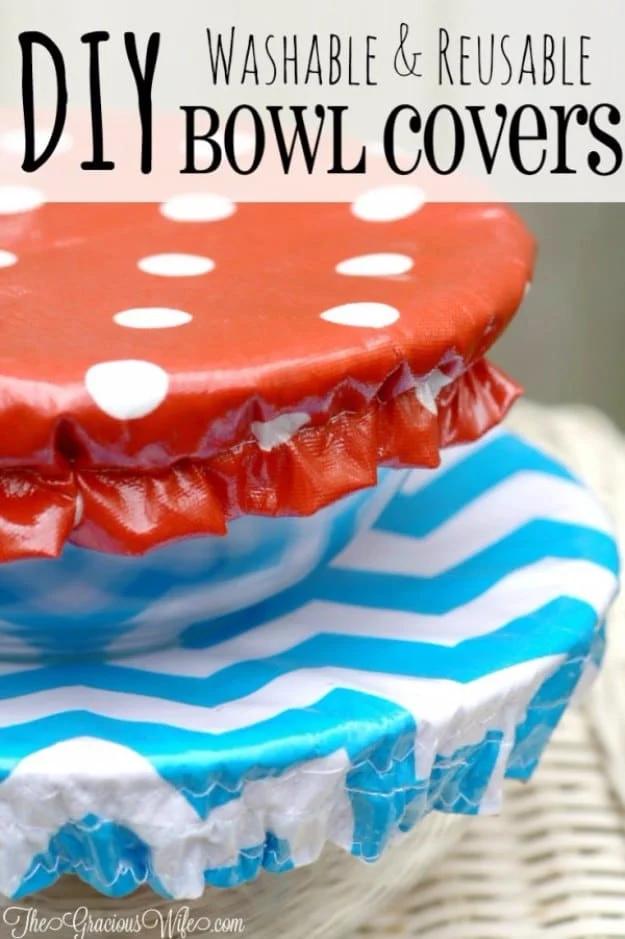 DIY washable reusable bowl covers, red polka dot and blue chevron vinyl covered fabric bowl lids in a wicker basket