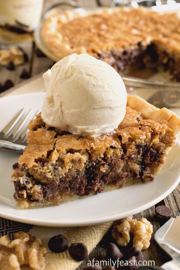 Toll House chocolate chip pie with a dense fudgy cookie filling full of chocolate chips in a pie crust