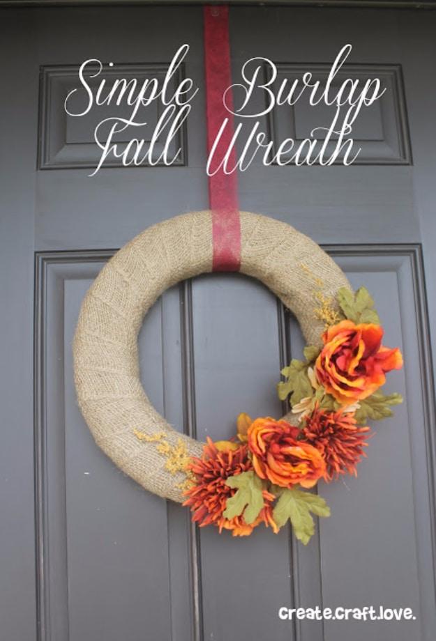 Simple burlap fall wreath with even bunched ruffles all the way around, an easy autumn wreath to make