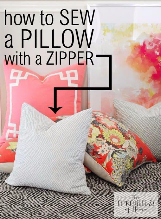How to sew a pillow with a zipper, coral and cream throw pillows with hidden zipper closures on a patterned rug