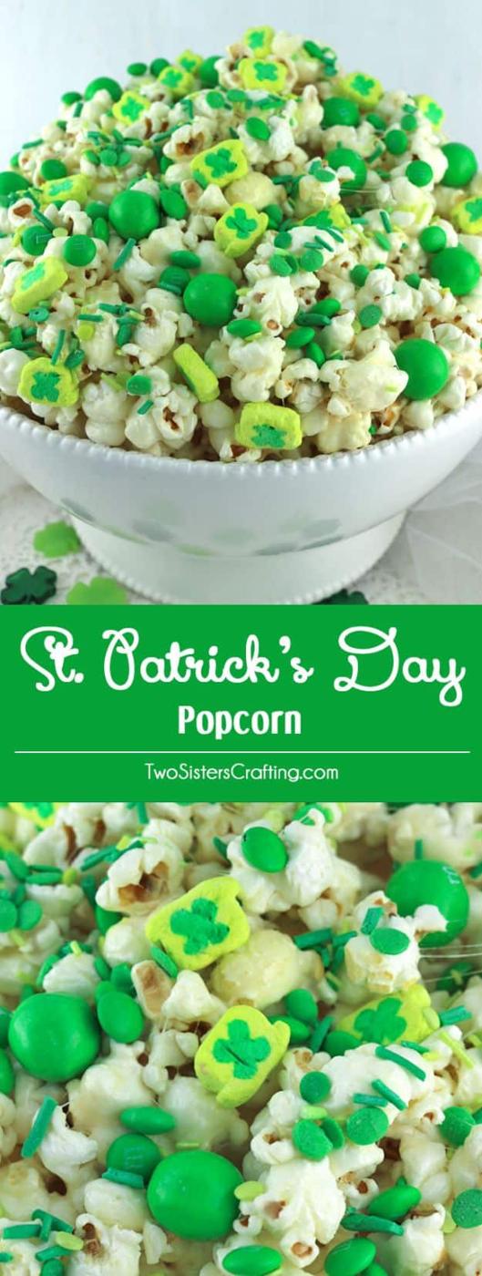 White bowl heaped with white chocolate popcorn, green candies and shamrock marshmallows, above a close-up of the mix