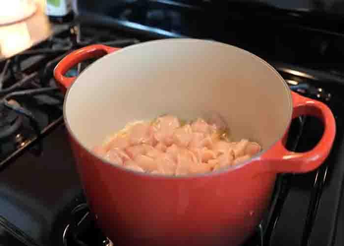 Searing the chicken for the Fall soup recipe