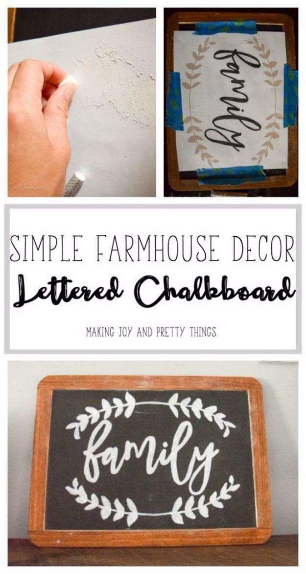 DIY lettered chalkboard sign, a stained wood framed chalkboard with the word family hand lettered in white script