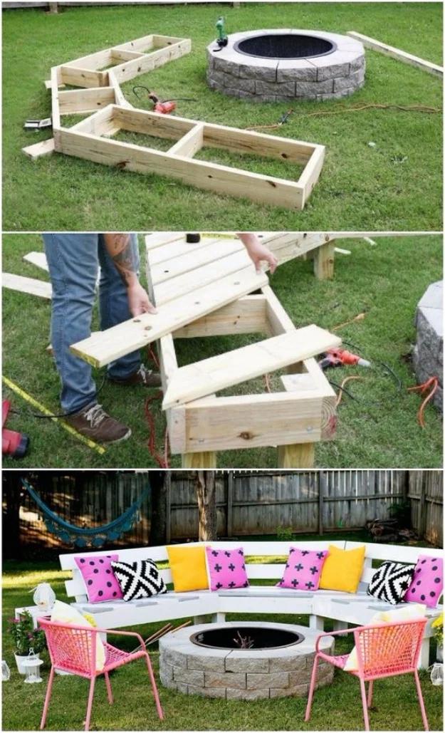 Three-photo collage of a curved firepit bench being framed, slatted and finished in white with bright pink and yellow pillows