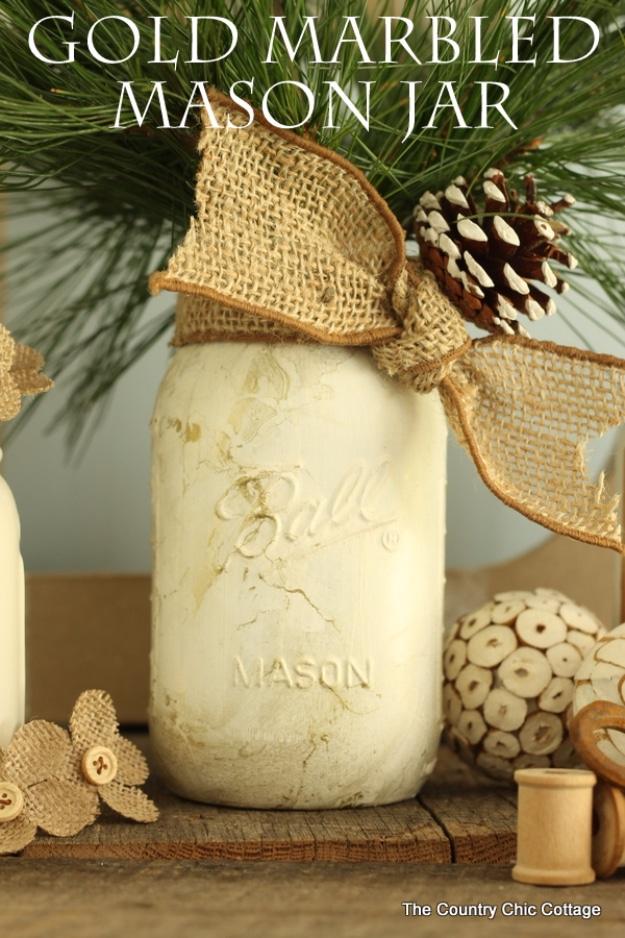 Best Mason Jar Crafts for Fall - Gold Marbled Mason Jar - DIY Mason Jar Ideas for Centerpieces, Wedding Decorations, Homemade Gifts, Craft Projects with Leaves, Flowers and Burlap,