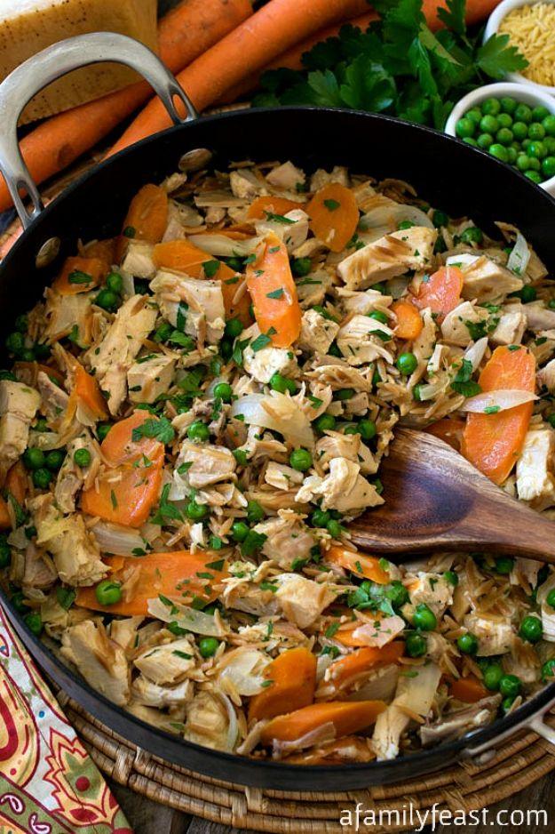 Rotisserie chicken skillet with orzo, vegetables and cream finished with grated Parmesan, a whole dinner in one pan