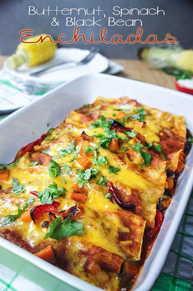 Enchiladas - Butternut, Spinach, and Black Bean Enchiladas - Best Easy Enchilada Recipes and Enchilada Casserole With Chicken, Beef, Cheese, Shrimp, Turkey and Vegetarian - Healthy