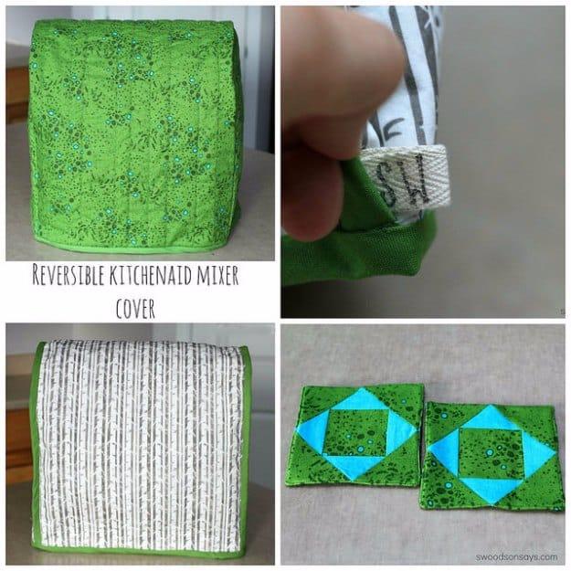 Reversible Kitchenaid mixer cover, a collage of a green quilted stand mixer cover with binding and matching coasters