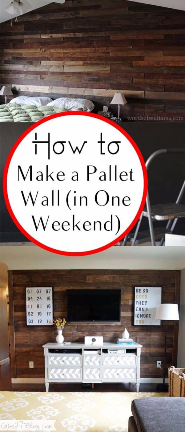 Collage graphic reading How to Make a Pallet Wall in One Weekend over a dark stained plank wall behind a console