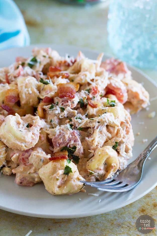 Creamy tomato tortellini with rotisserie chicken and crisp bacon, finished with grated parmesan for a fast family dinner