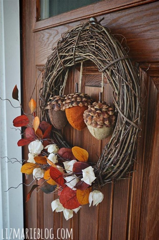 Rustic acorn wreath with the acorns glued cap down in tight clusters, a woodland fall wreath for a door