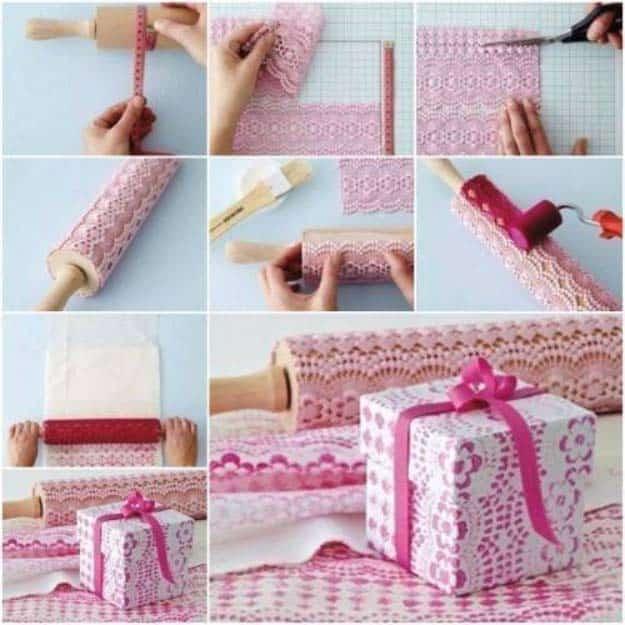 Lace printed gift wrap, pink lace wrapped around a rolling pin, inked and rolled across paper, and the gift
