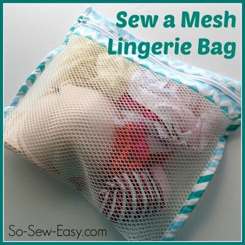 DIY mesh laundry bag, a zippered lingerie wash bag with teal binding holding delicates, a small home sewing project