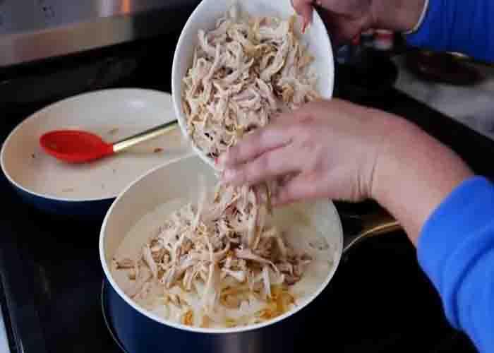 Making the creamy chicken mixture for the chimichangas casserole