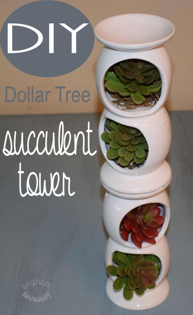 DIY Dollar Tree succulent tower graphic with stacked white ceramic domes holding small faux succulents