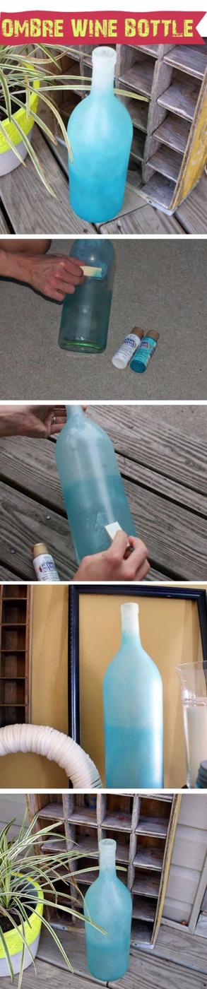 DIY frosted ombre wine bottle, a six panel step collage showing a bottle sponged turquoise fading to white