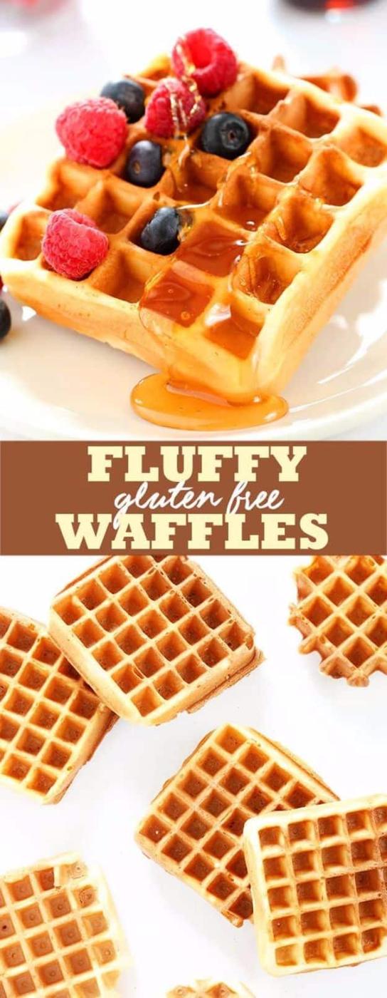 Two panel pin graphic of gluten free waffles with berries and syrup above a pile of plain square waffles