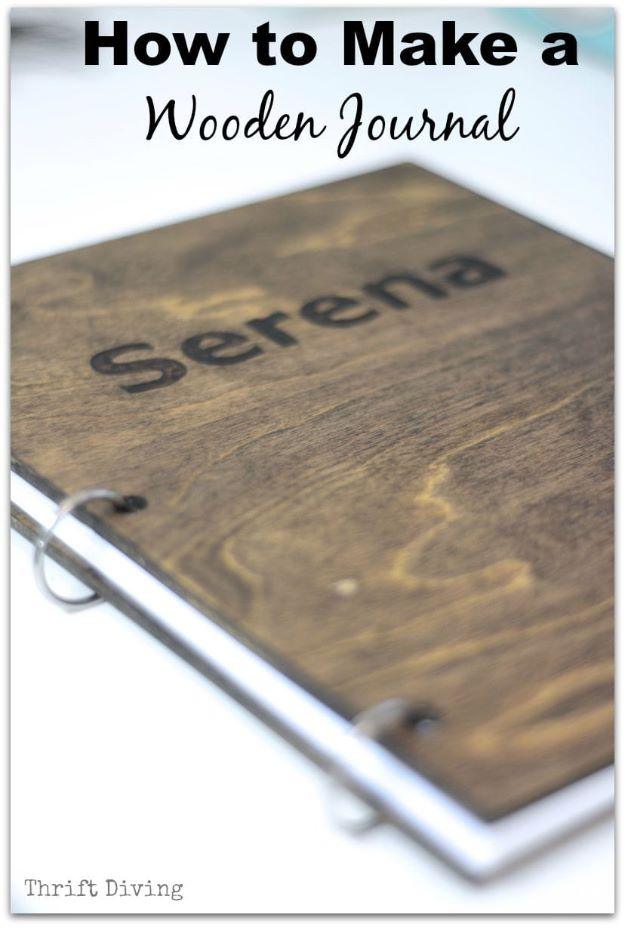 Wooden journal pin graphic reading How to Make a Wooden Journal over a stained wood cover lettered Serena on ring binding