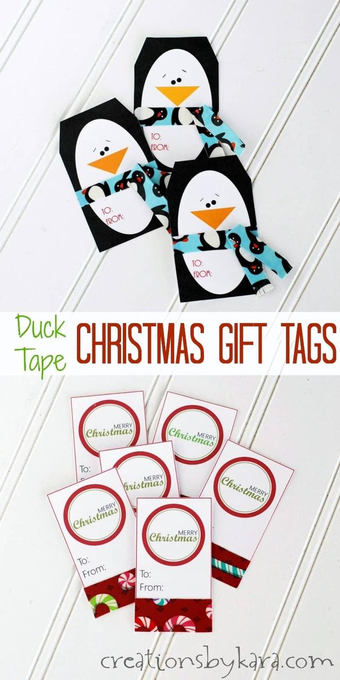 Printable penguin and Merry Christmas gift tags finished with strips of patterned holiday tape along the bottom