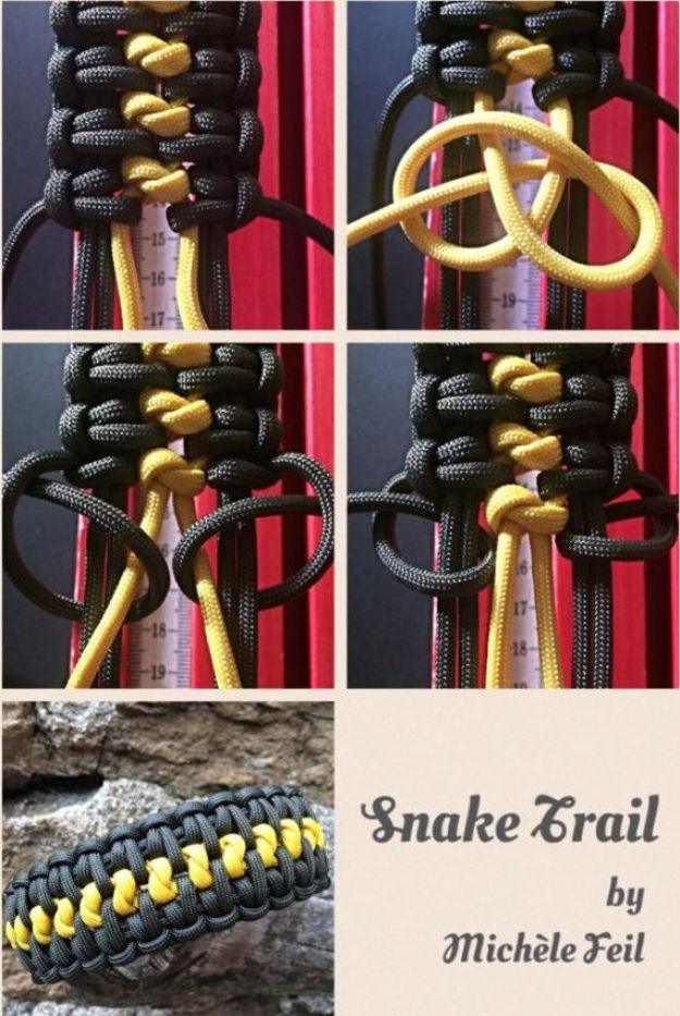 Five panel step collage showing a black and yellow snake trail paracord bracelet being knotted step by step