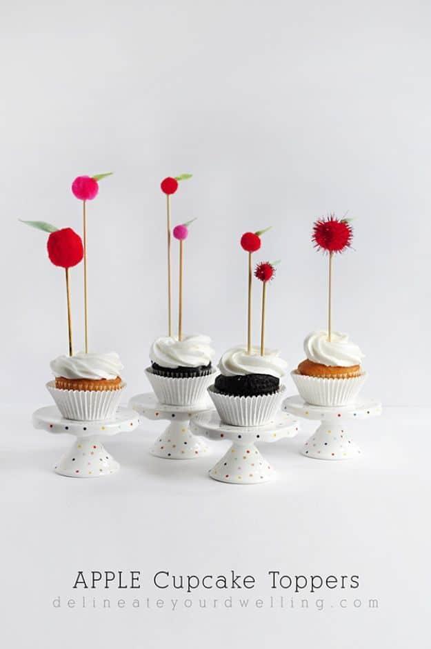 Fall craft tutorial with easy classroom project and rustic autumn home accent, showing the finished fruit cupcake toppers