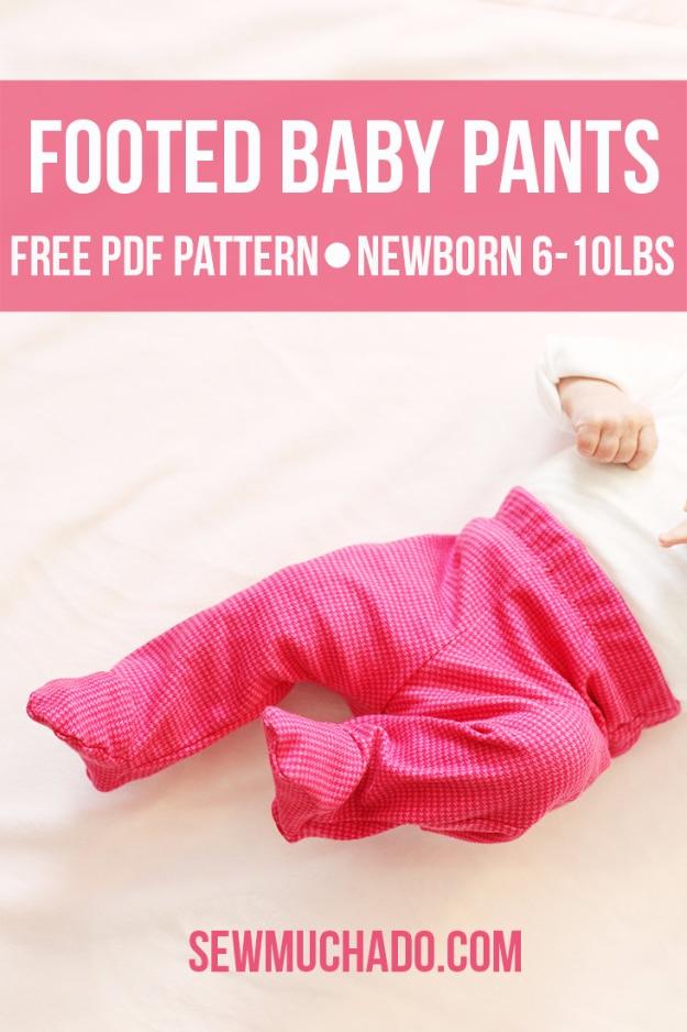 Pink waffle knit footed baby pants on a bed beside a newborn's arm, under a typeset free pattern title