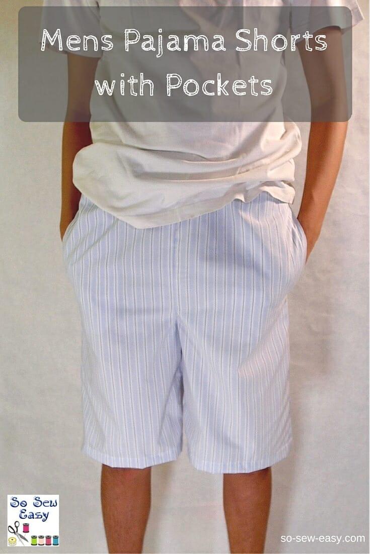 Graphic reading Mens Pajama Shorts with Pockets over a man in pale blue striped shorts and a white t-shirt
