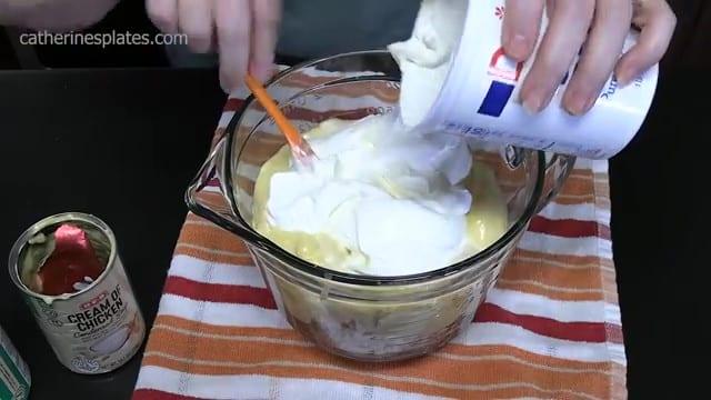 Mixing all the monterey chicken and spaghetti casserole ingredients