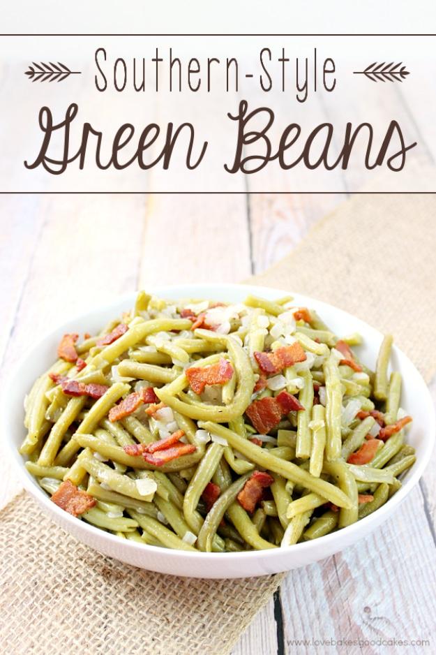 Southern style green beans simmered slowly with bacon, onion and garlic until soft, served in a bowl