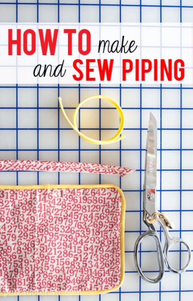 Pin graphic reading How to make and sew piping above yellow cord, scissors and red print fabric on a mat