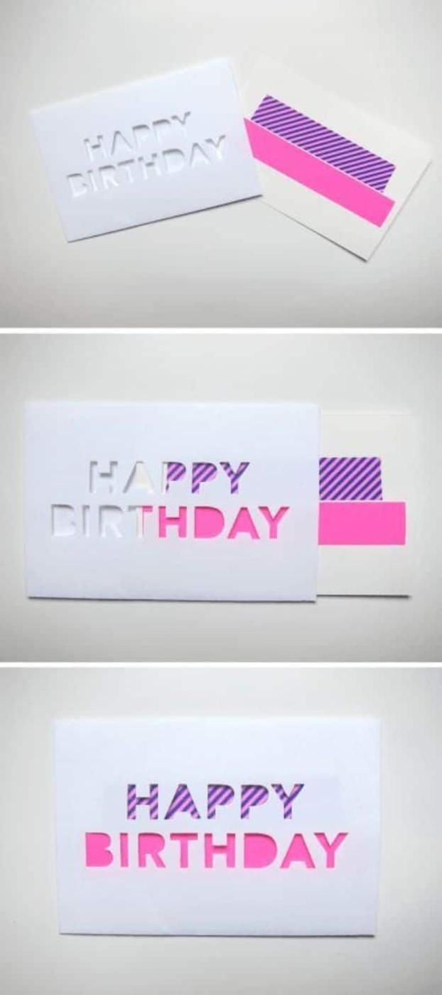 DIY birthday card idea: an aperture card cut open and layered with washi tape for a dimensional design