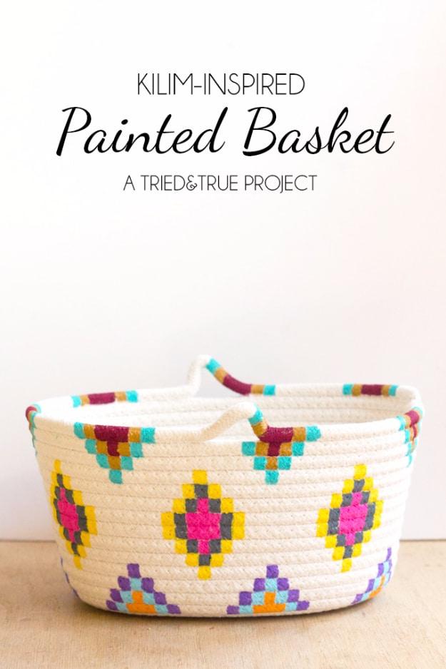Kilim Inspired Painted Basket, quick enough to finish before nap time and warmth that a plain corner was missing