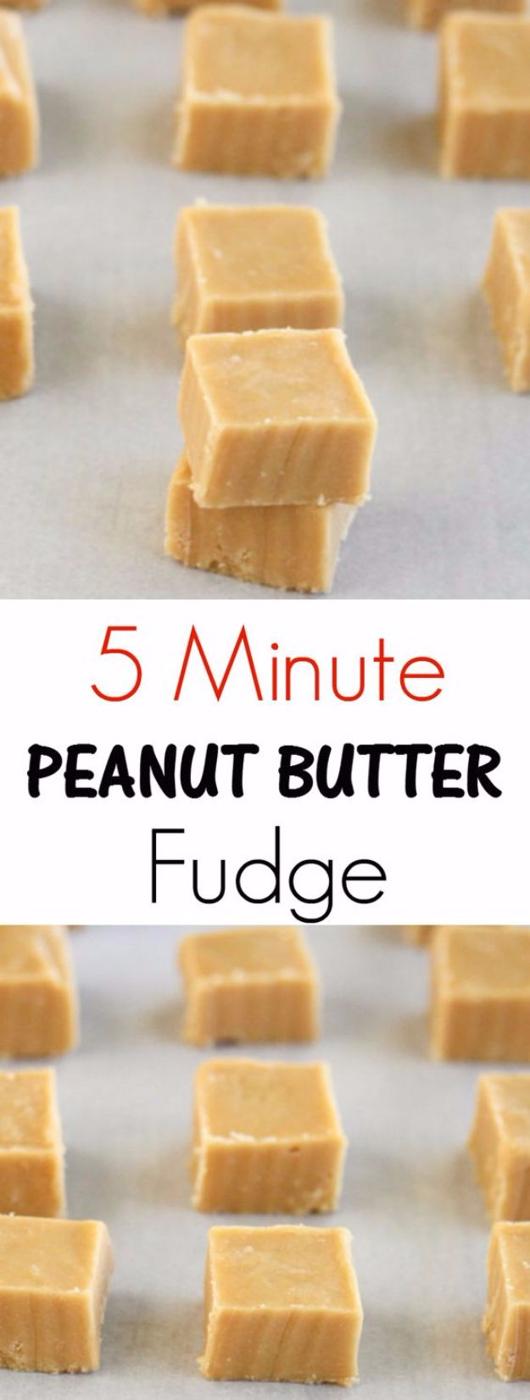 Microwave peanut butter fudge cut into small squares, an easy three ingredient five minute fudge recipe